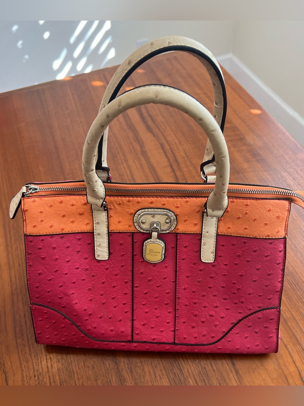 Guess Colorblock Faux Ostrich Satchel Pink Orange Cream Tote Bag